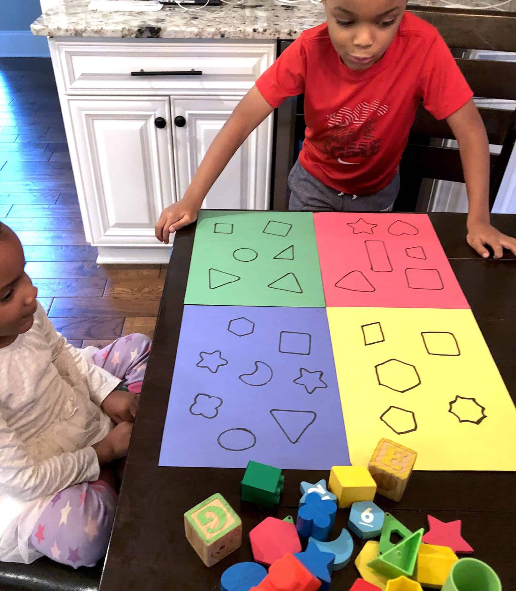 Toddler Learning Activities that involve shapes are an absolute must. Easy toddler activities that include colors are awesome as well. This sorting activity combines the two!