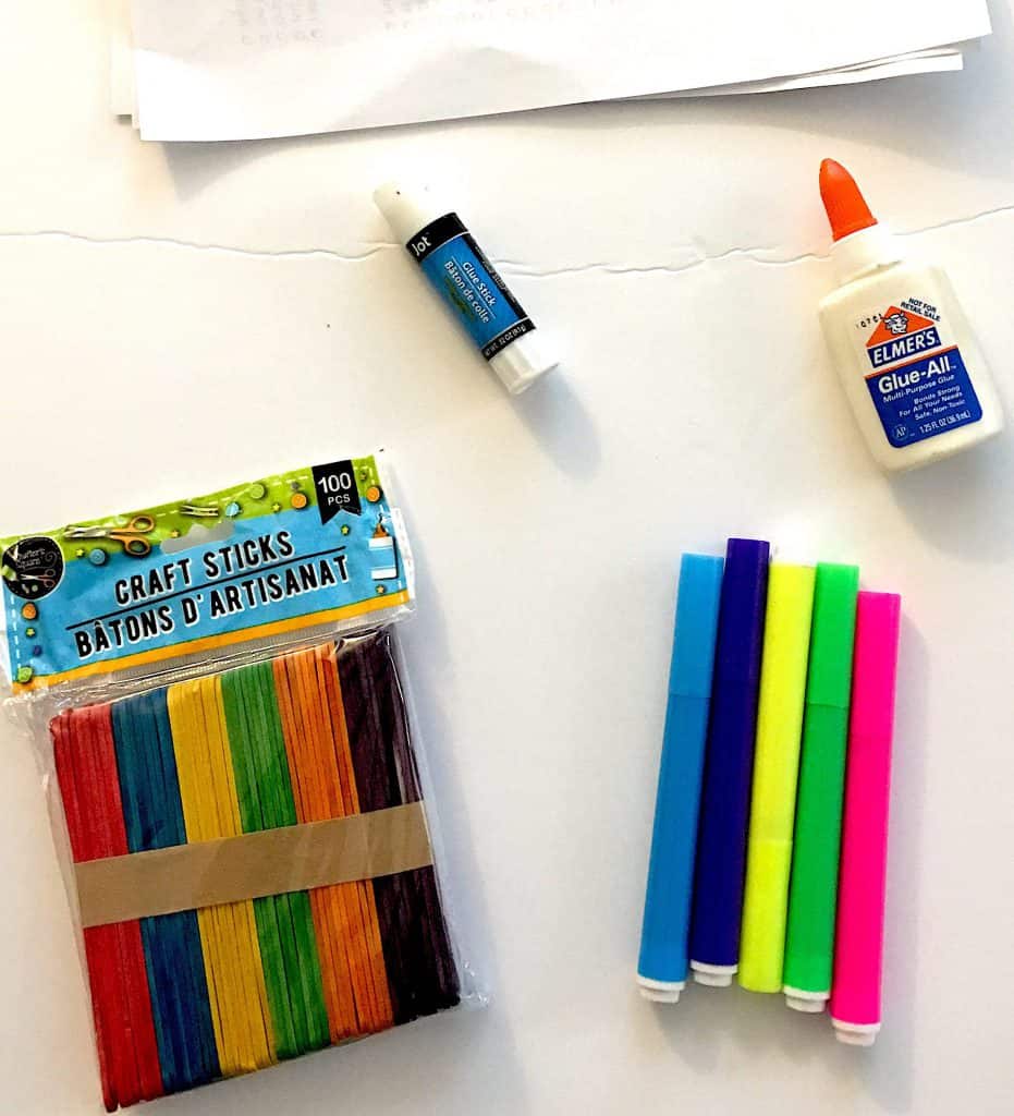 Supplies for popsicle stick rainbow project