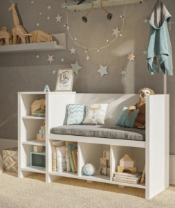Get all the storage you need for your little one with the Storage Bench and Coat Rack. The crisp white finish on the laminated MDF and particleboard can easily be added to your little girl or boy’s room. With 3 side shelves and 3 lower cubbies, the storage options are endless.