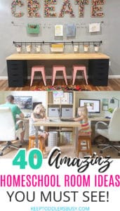 Mommy Experts Share 40 Homeschool Room Ideas That Will Turn Your Child's Space Into An Organized Learning Area For Kids In Small Spaces Too. Get Great Ideas For Home School Desks, Tables, and Storage