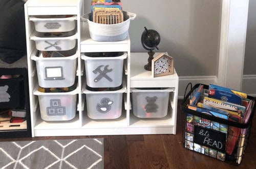 IKEA Playroom Storage Makeover Reveal book crate and labels