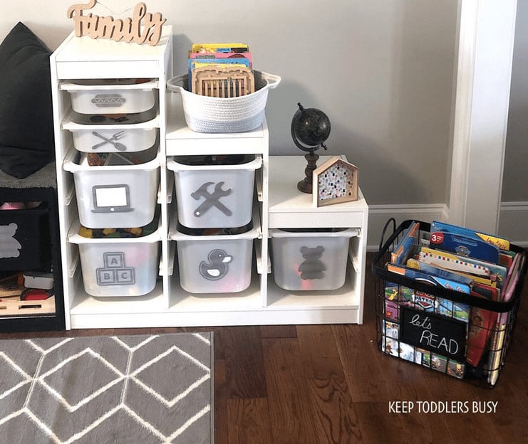 IKEA Playroom Storage Makeover Reveal book crate and labels