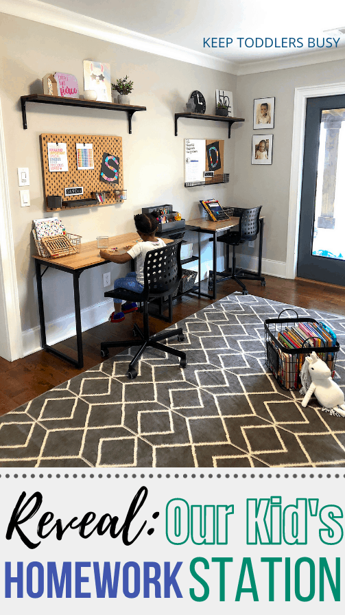 Check Out Part Two of The Kid's Homework Station and Playroom Storage Makeover. It's Now A Home Work Space That's Perfect For Home School or After School Activities and Great For Small Spaces.