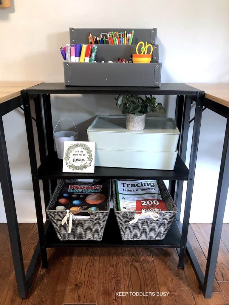 Check Out Part Two of The Kid's Homework Station and Playroom Storage Makeover. It's Now A Home Work Space That's Perfect For Home School or After School Activities and Great For Small Spaces.