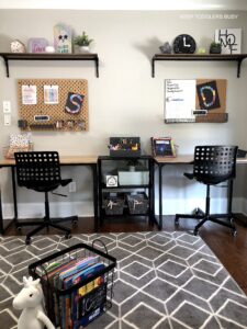 Check Out Part Two of The Kid's Homework Station and Playroom Storage Makeover. It's Now A Home Work Space That's Perfect For Home School or After School Activities and Great For Small Spaces.