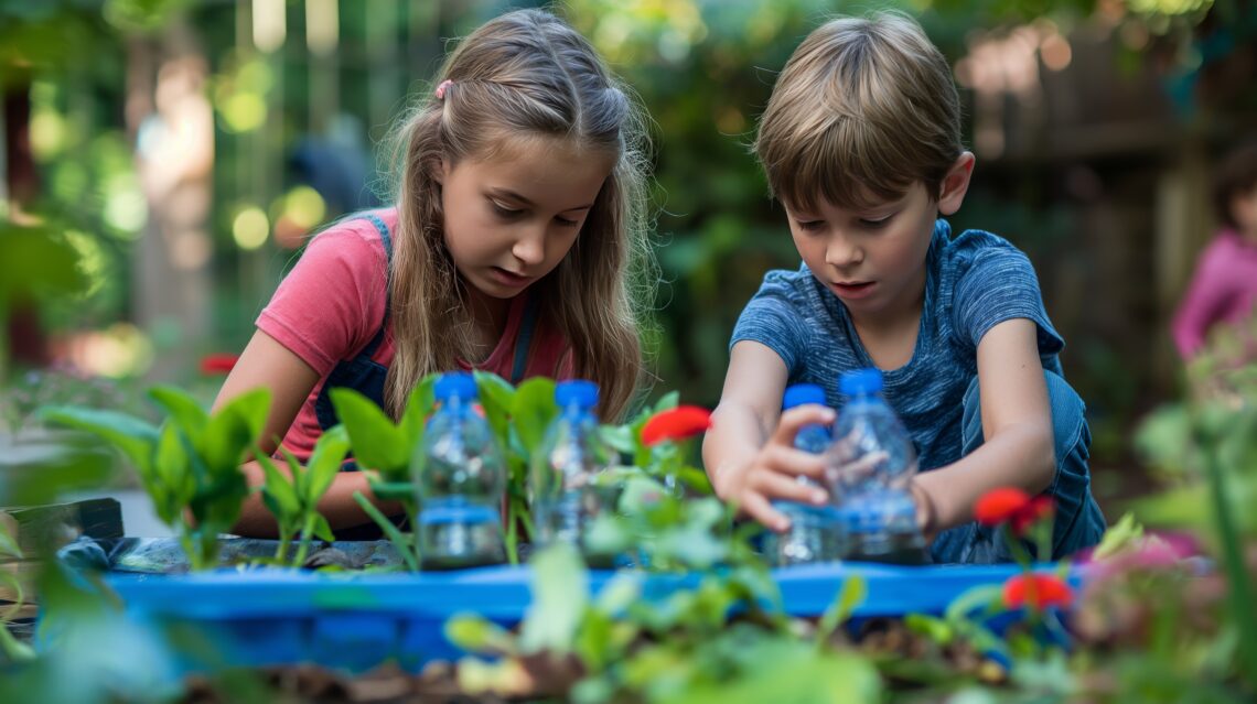 kids planting flower window boxes