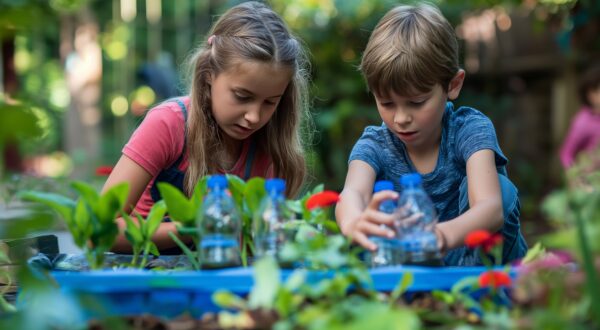 kids planting flower window boxes